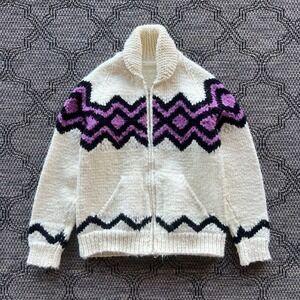 Vintage Cowichan Sweater Womens Small Cream Purple Geometric Cardigan Handmade